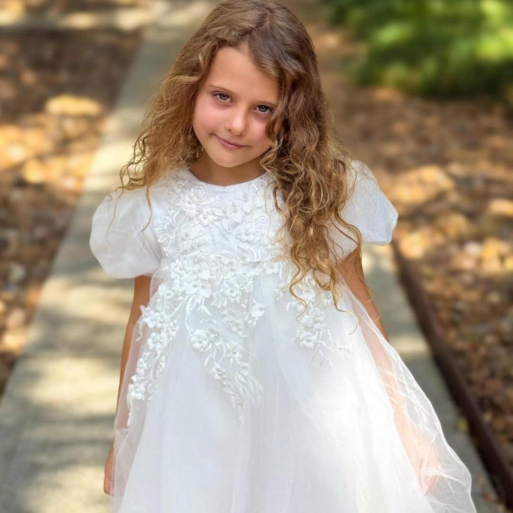 All White Tulle Flower Girl Dress with Ribbon Bow