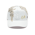 Cult X El Alfa Lurex Emb Logo 5 Panel A Frame Trucker Hat in White