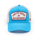 Cult's Logo Mesh Back Trucker Hat "Good At Bad Decisions" in Rhubarb