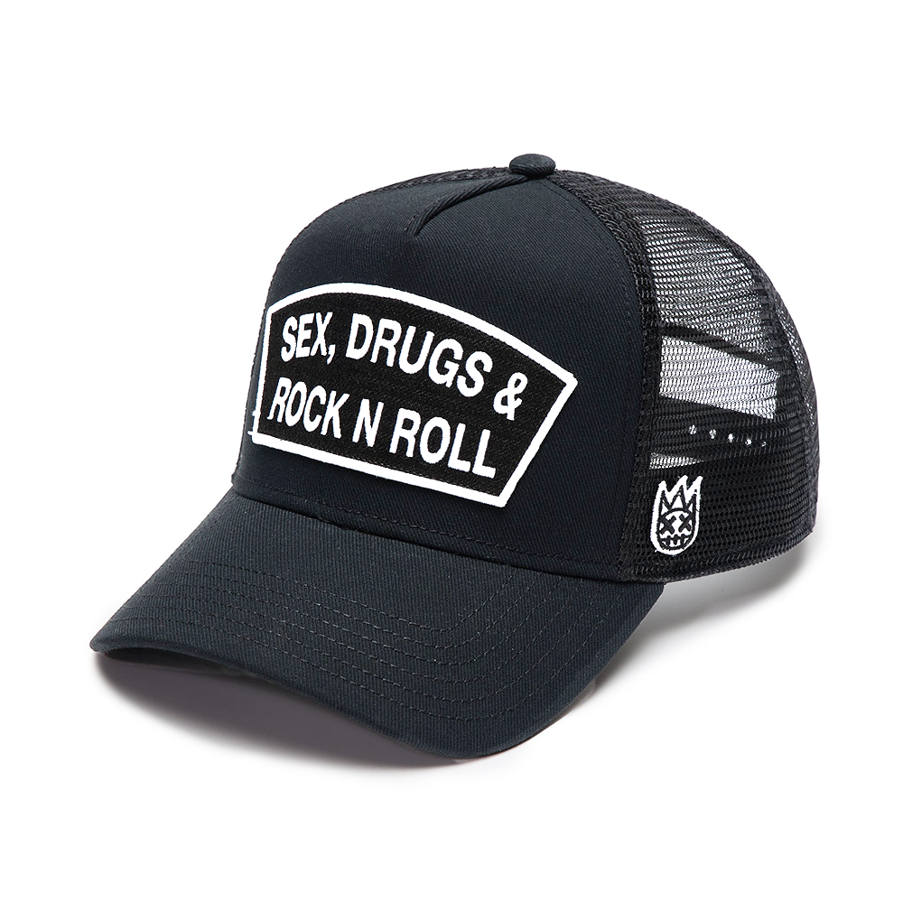 Cult's Logo Mesh Back Trucker Hat "Sex Drugs Rock N Roll" in Black