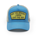Cult's Logo Mesh Back Trucker Hat "May The Bridges I Burn" in Blue Steel