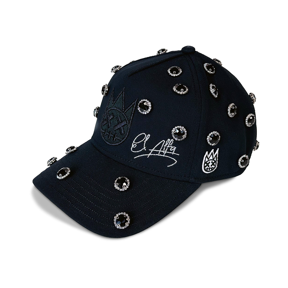 Cult x El Alfa Logo Crystal 5 Panel A Frame Trucker Hat in Black