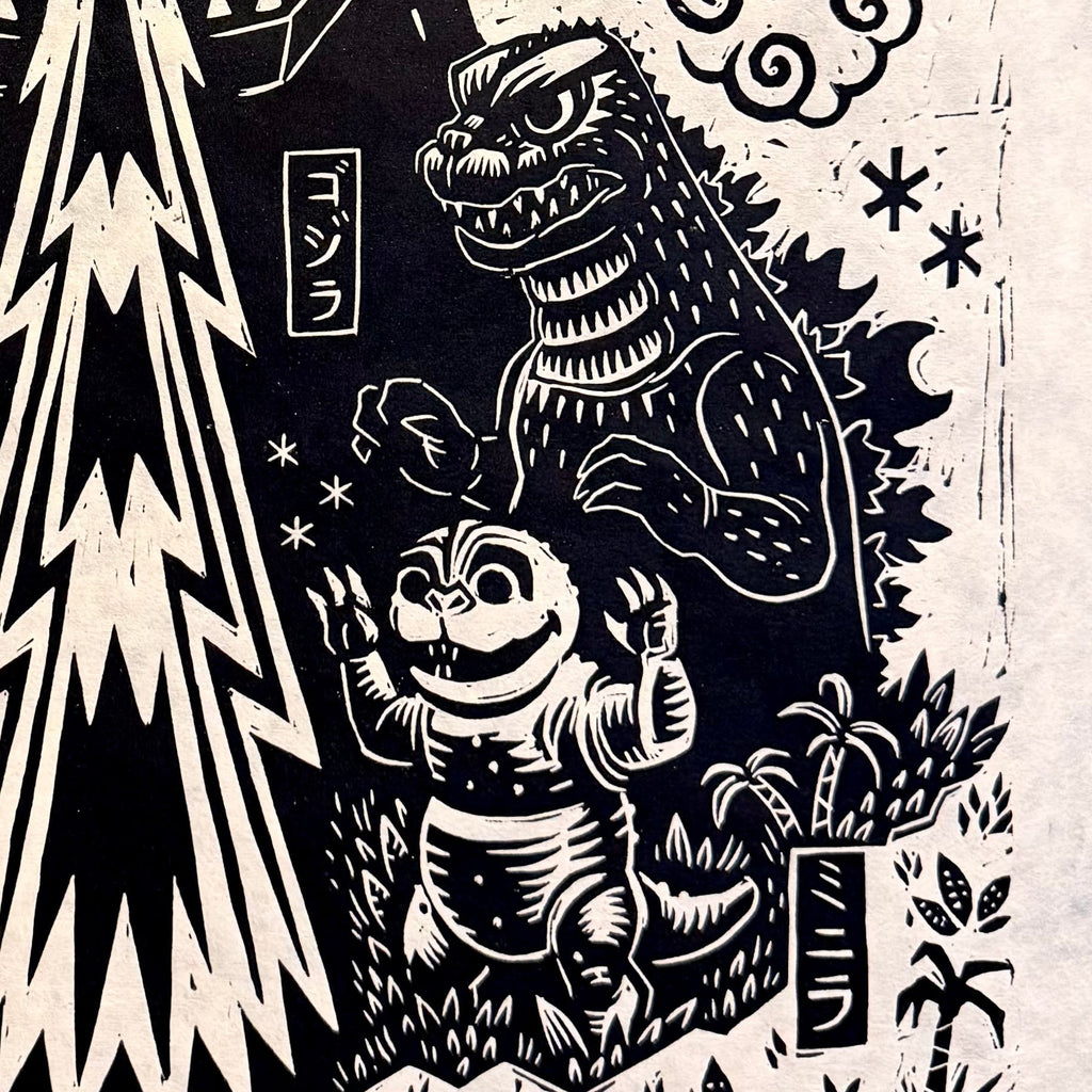 All Monsters Attack Linocut Poster