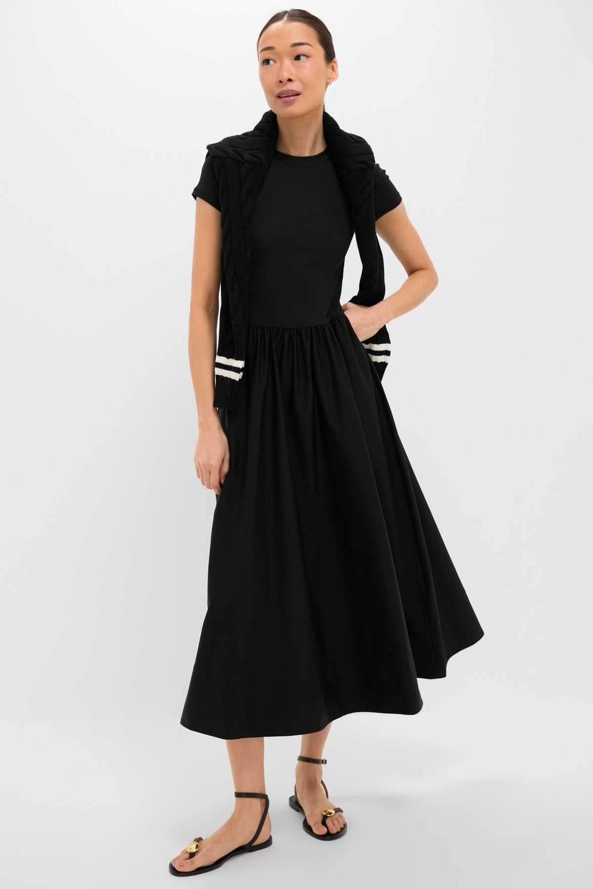 Black Rib Knit Crew Neck Short Sleeve A-Line Dress