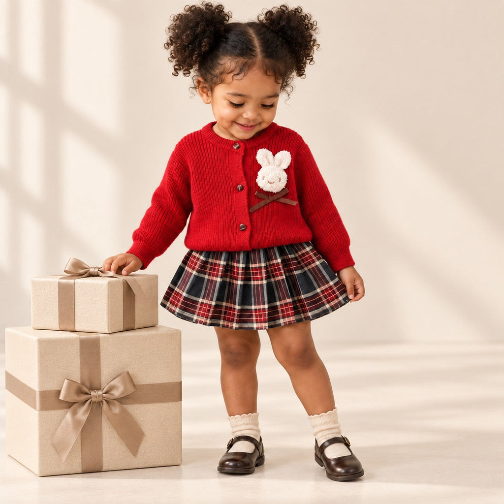 2-Piece Bunny Retro Skirt & Cardigan Set