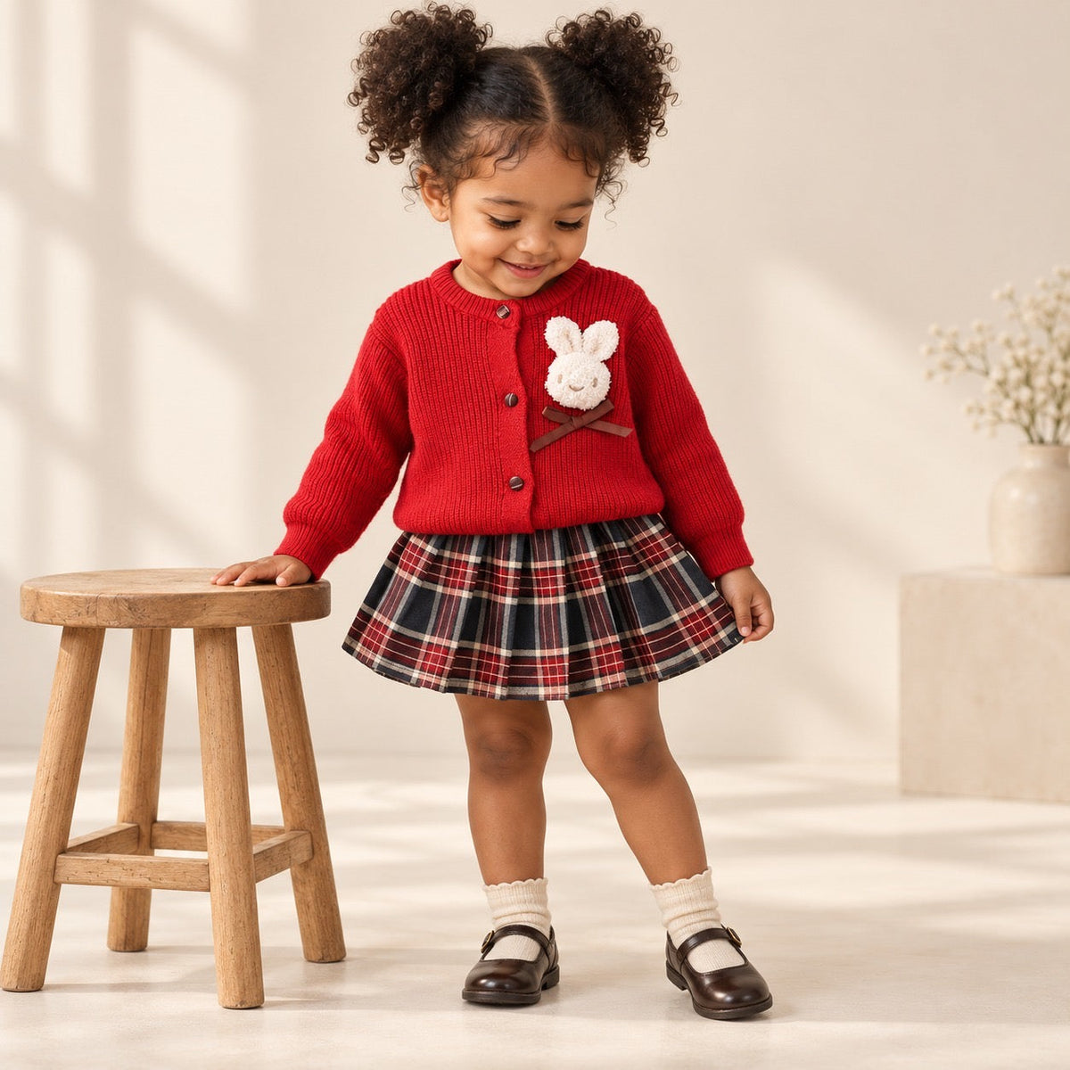 2-Piece Bunny Retro Skirt & Cardigan Set