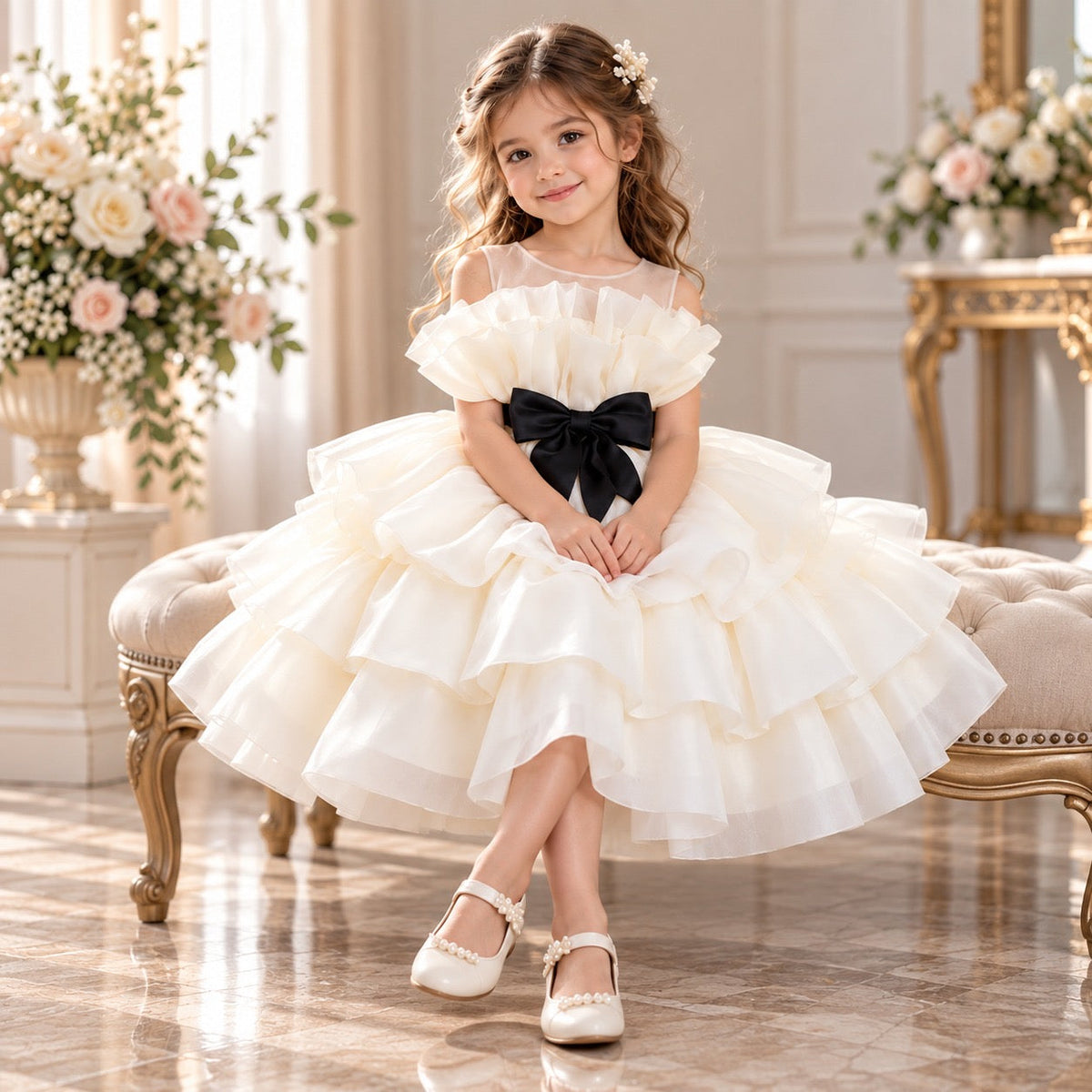 Champagne White Sleeveless Flower Girl Dress