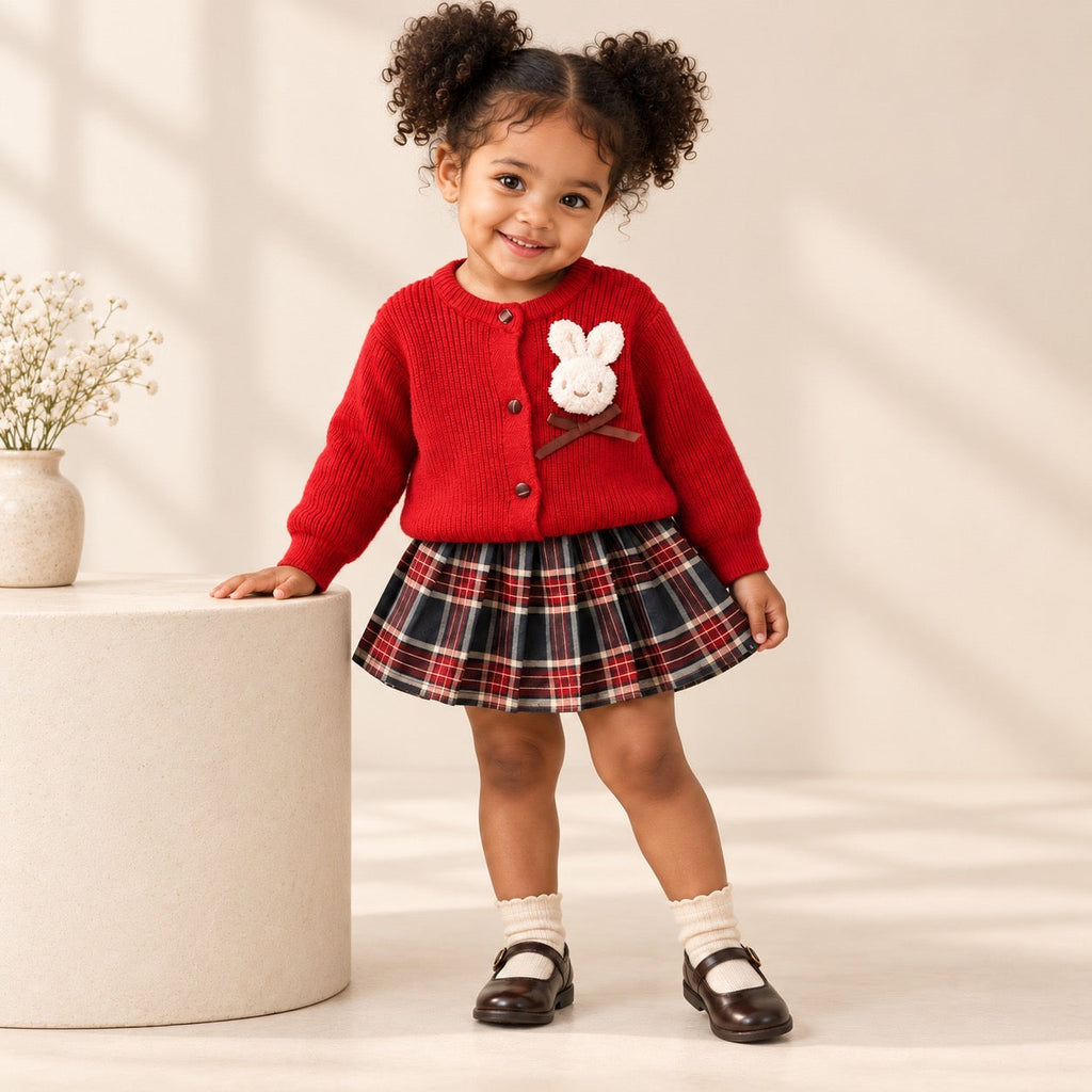 2-Piece Bunny Retro Skirt & Cardigan Set