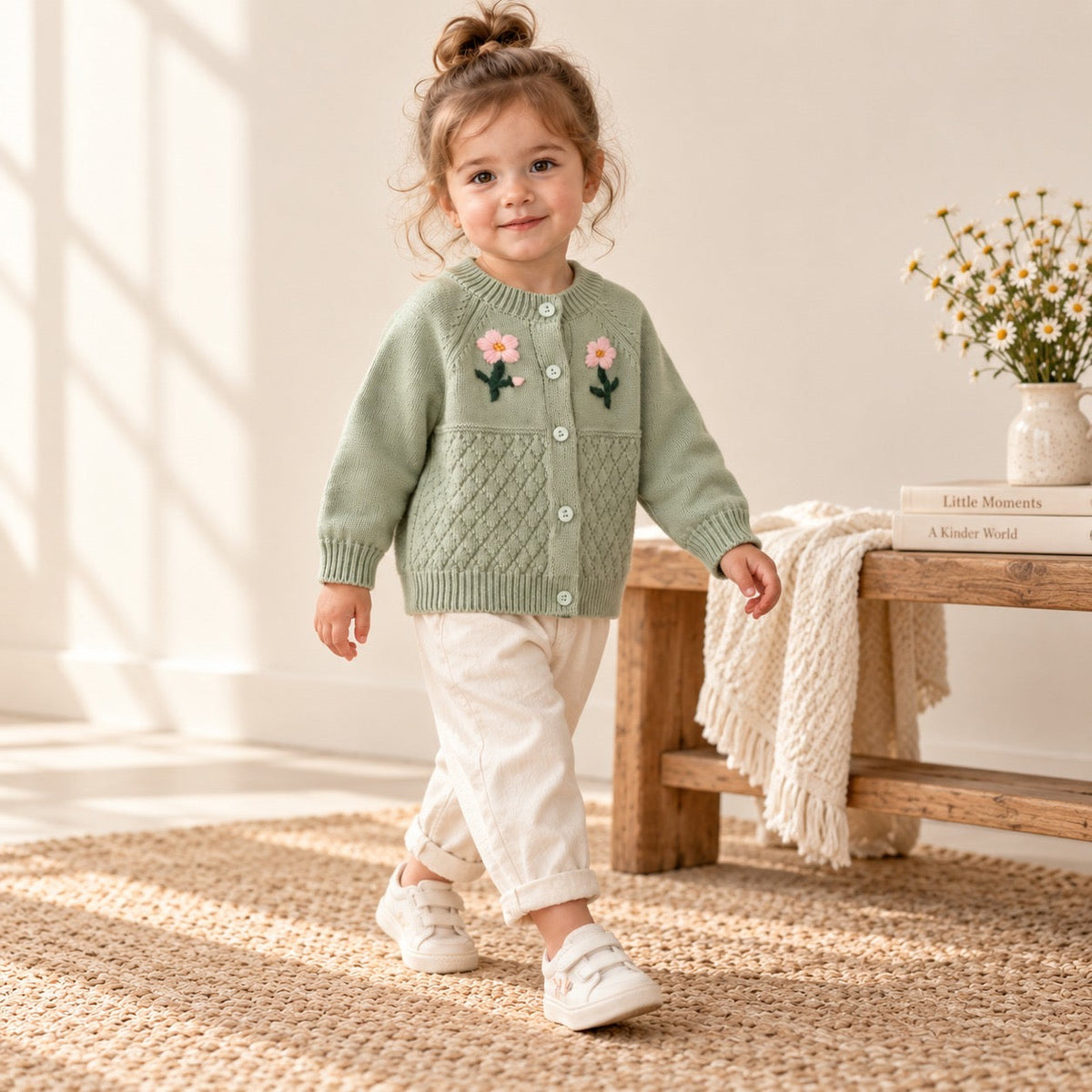 Baby Girls Flower Embroidered Knit Cotton Cardigan