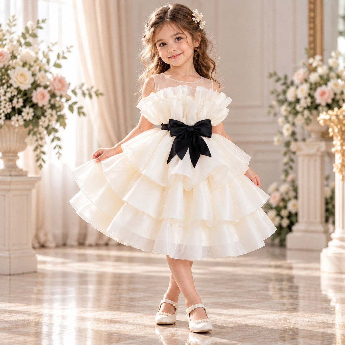 Champagne White Sleeveless Flower Girl Dress
