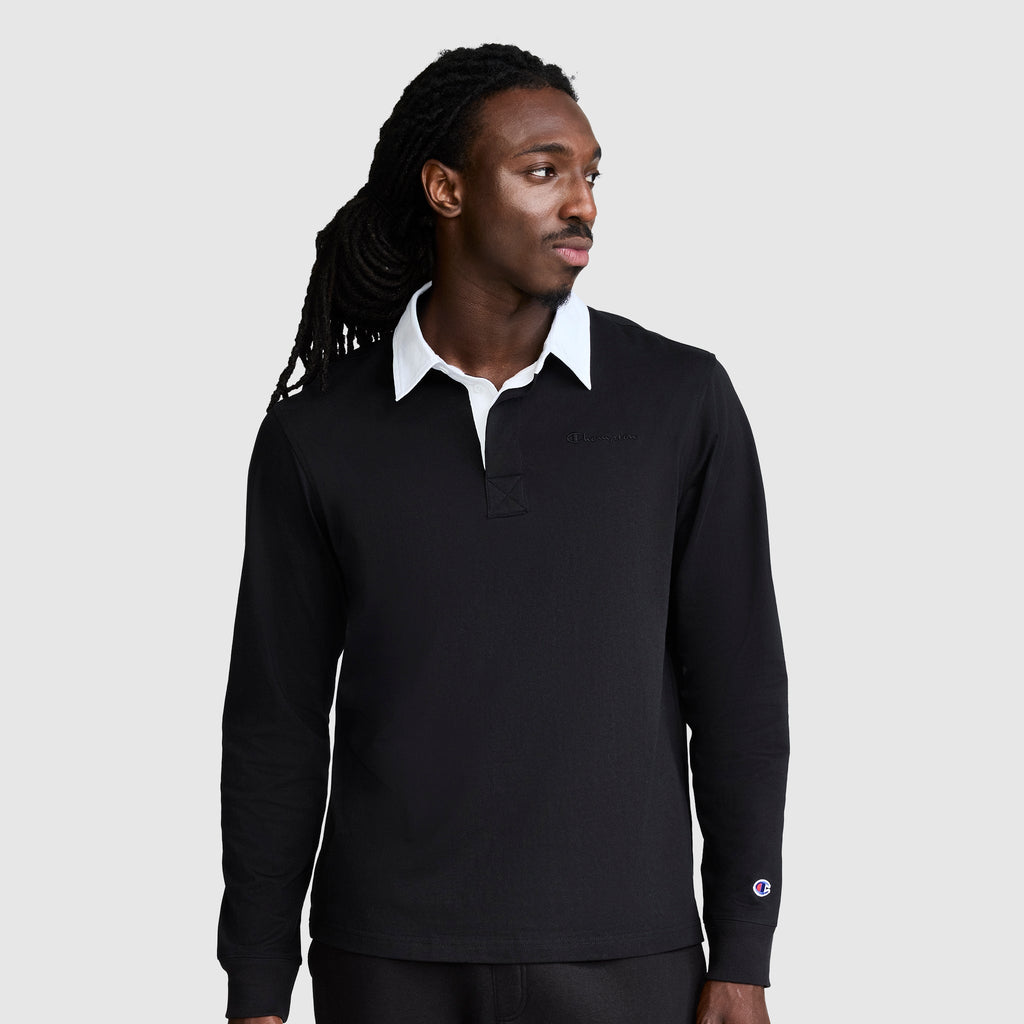 Long Sleeve Rugby Shirt with Twill Collar, Embroided C Logo