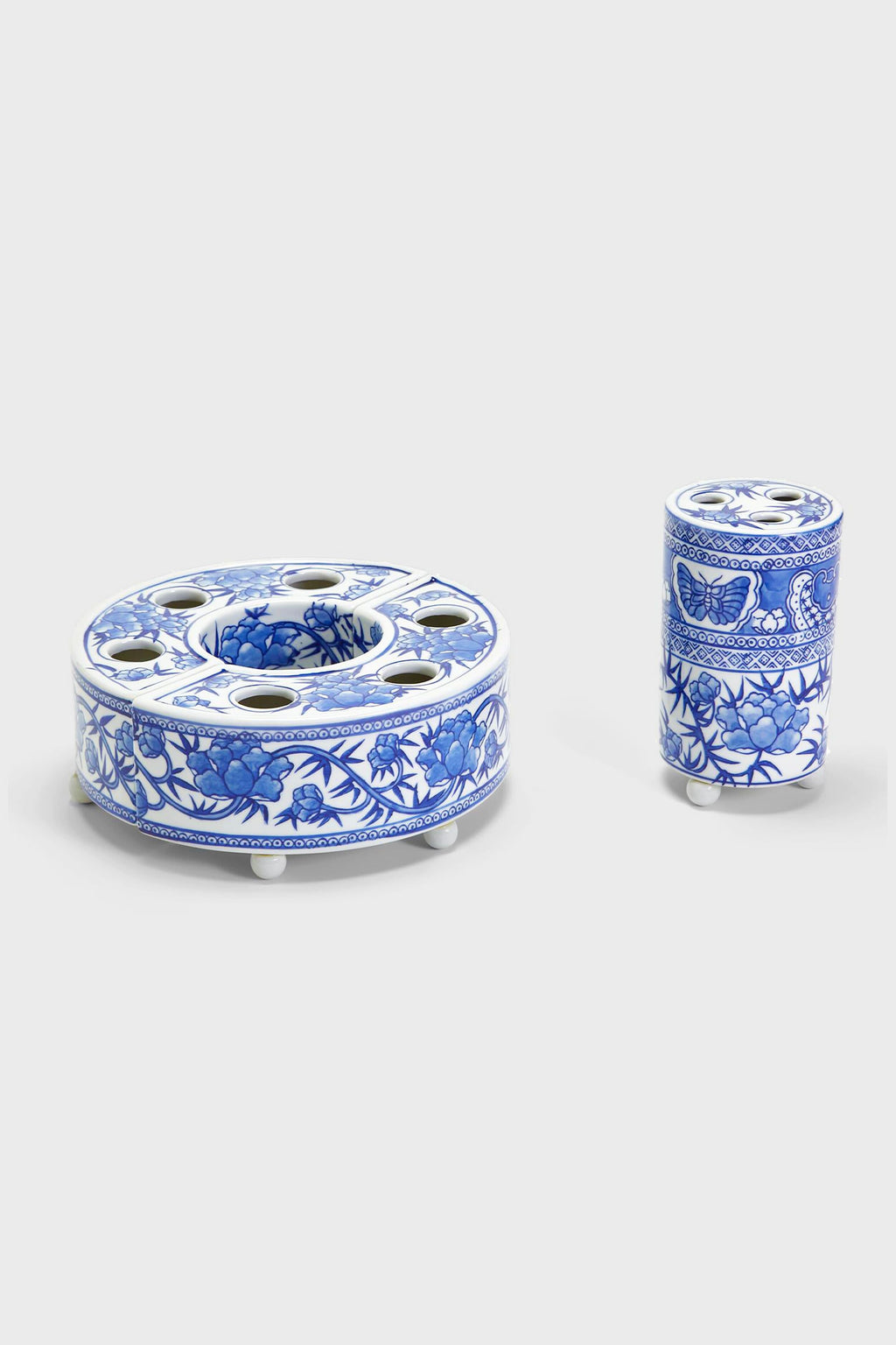 Blue and White 3 Piece Hand-Painted Floral Arranger