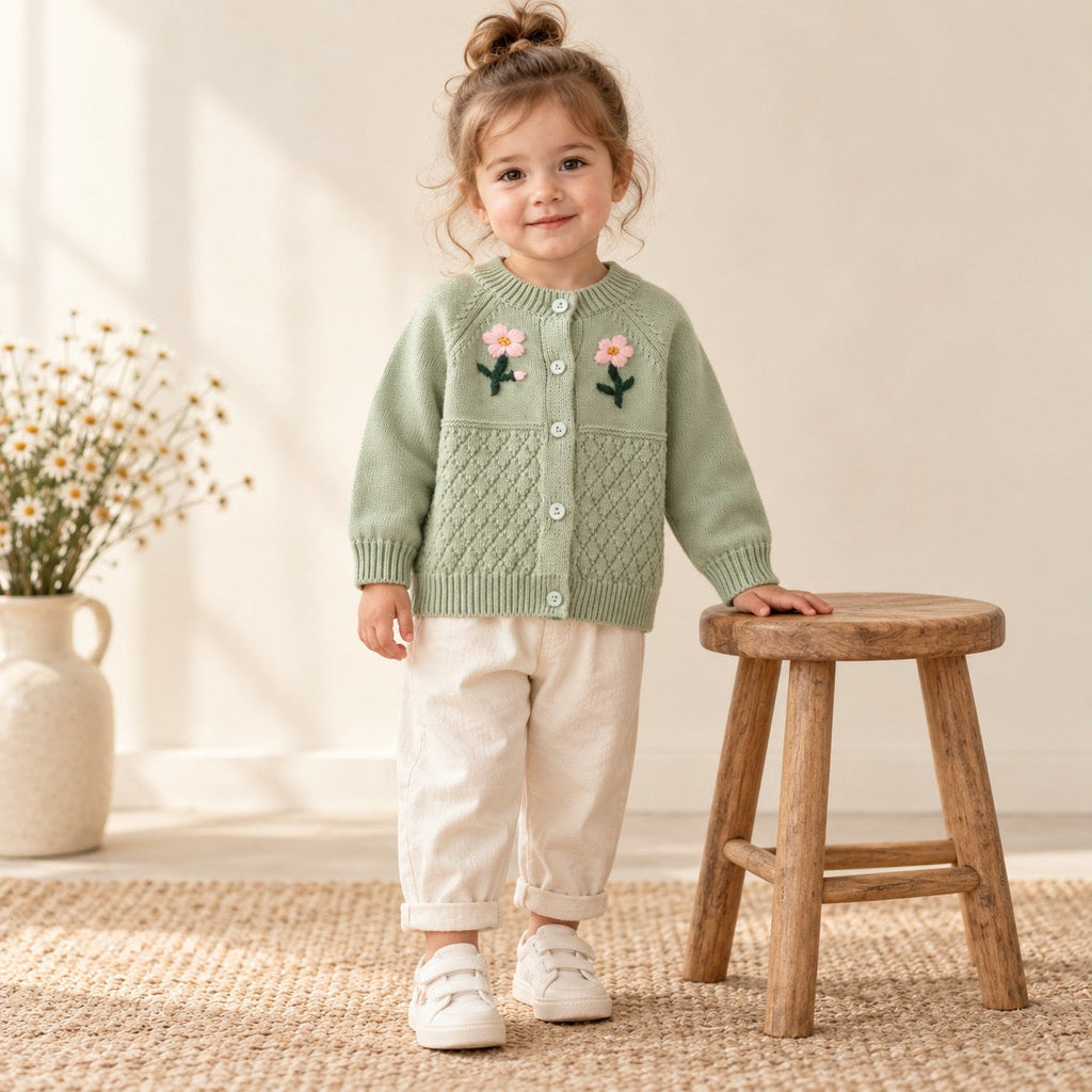Baby Girls Flower Embroidered Knit Cotton Cardigan