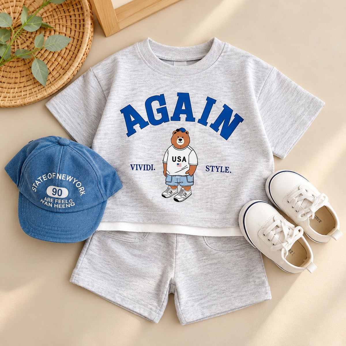 AGAIN Bear Unisex T-Shirt and Shorts Sets