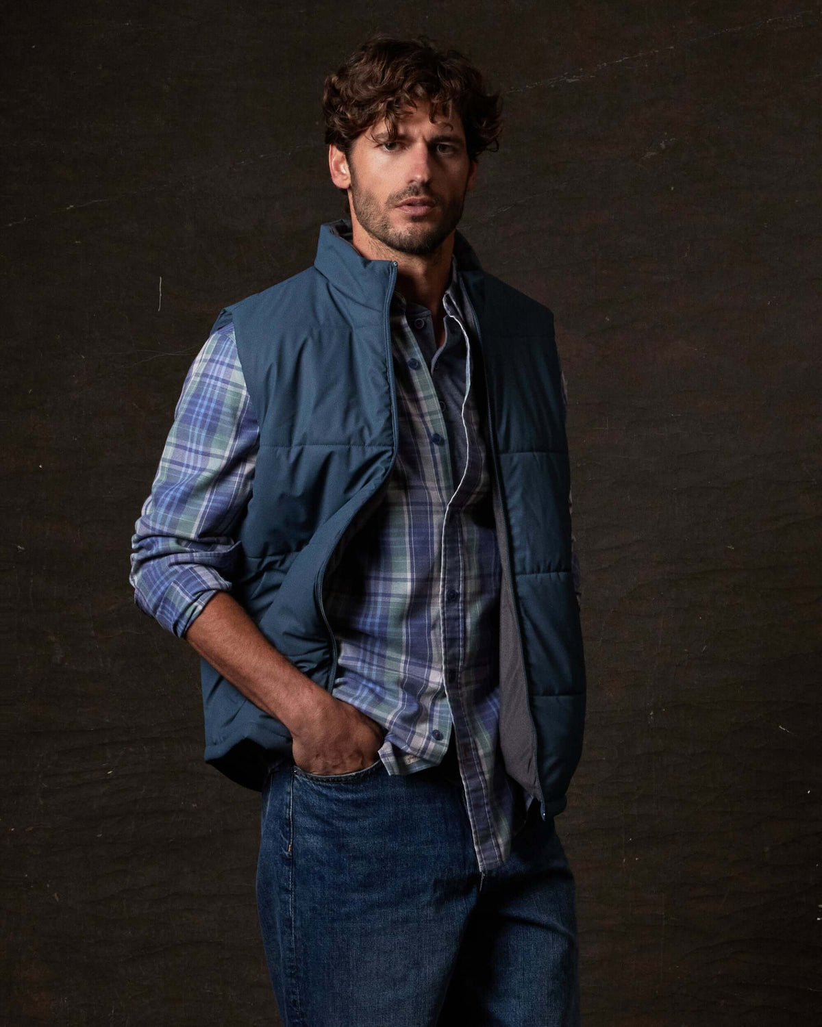 Matte Coated Shell Puffer Vest in Slate Blue