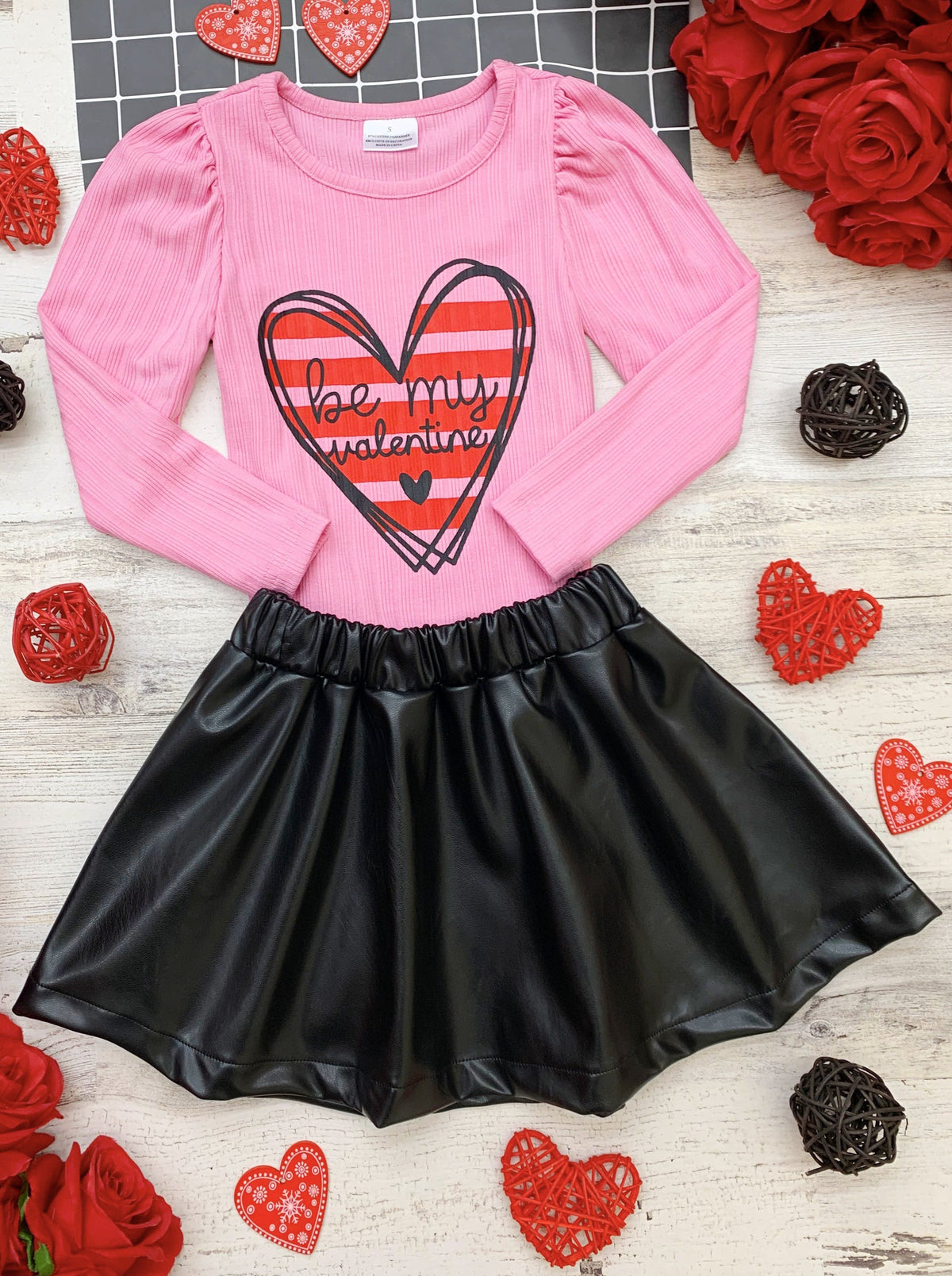 Be My Valentine Top and Vegan Leather Skirt Set