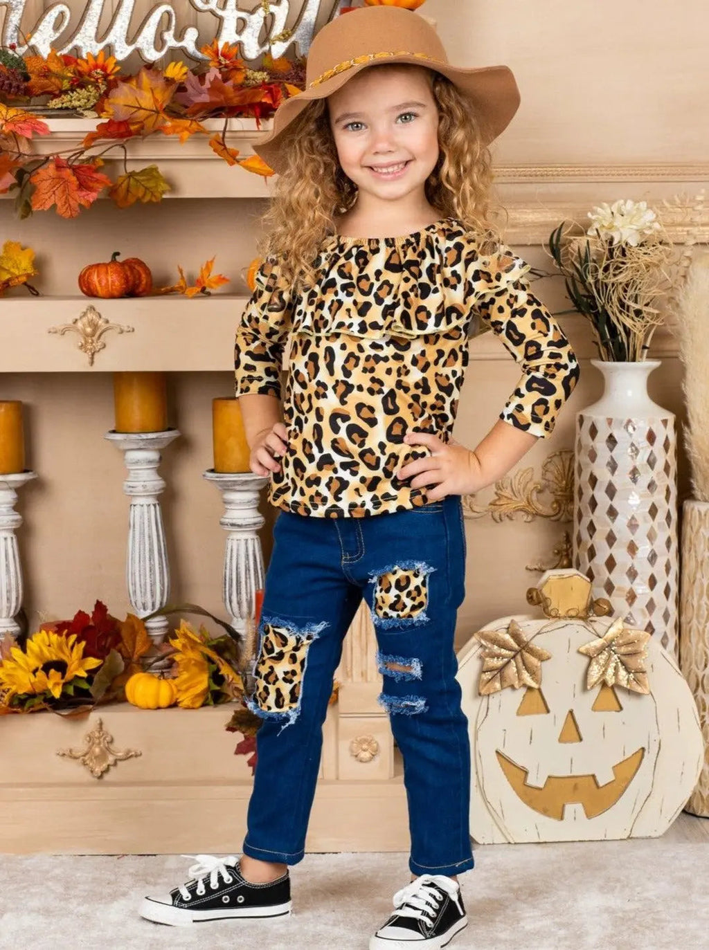 Autumn Leopard Patched Jeans Set