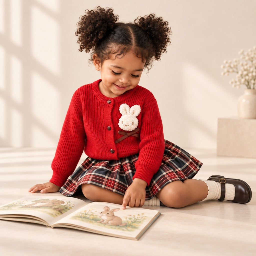 2-Piece Bunny Retro Skirt & Cardigan Set