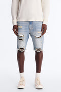 Back To It Distressed Raw Hem Slim Denim Shorts - Light Wash