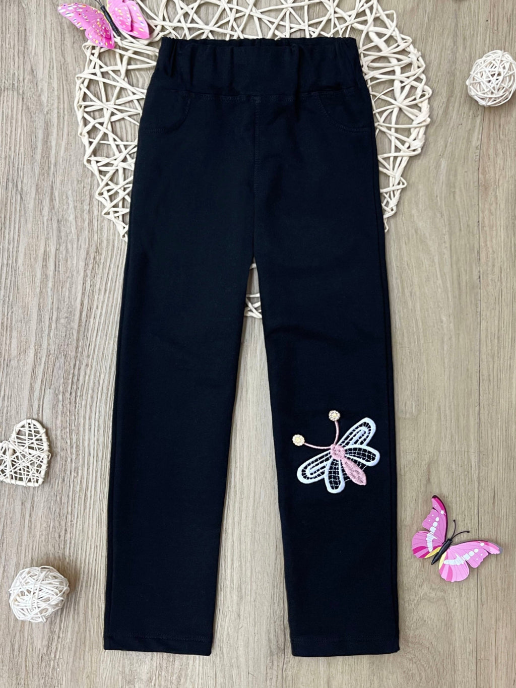 Butterfly Wings Artisan-Stitched Black Cotton Leggings