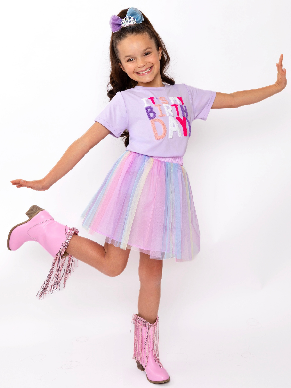 Birthday Sparkle Lavender Top and Rainbow Tulle Skirt Set