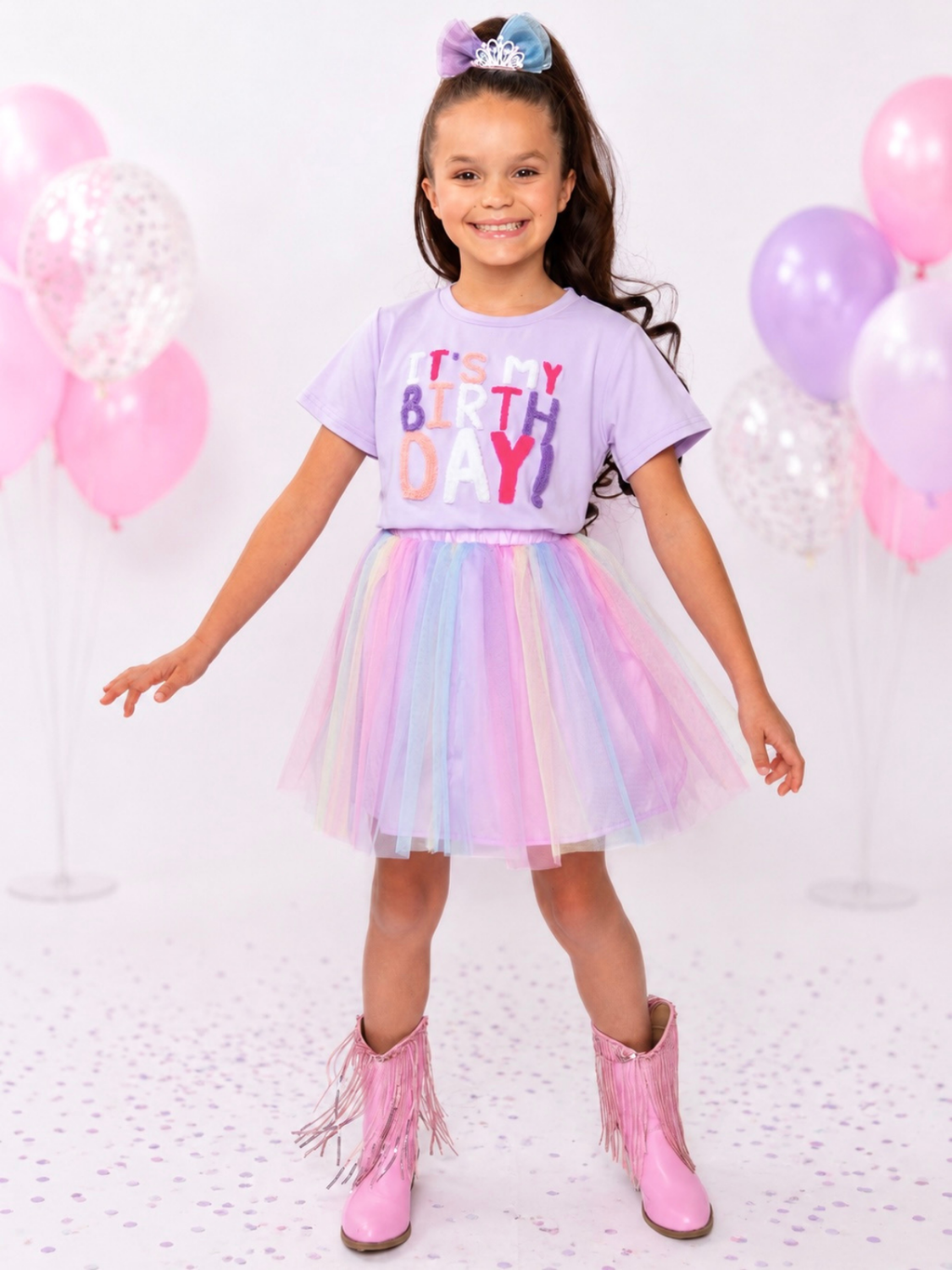 Birthday Sparkle Lavender Top and Rainbow Tulle Skirt Set
