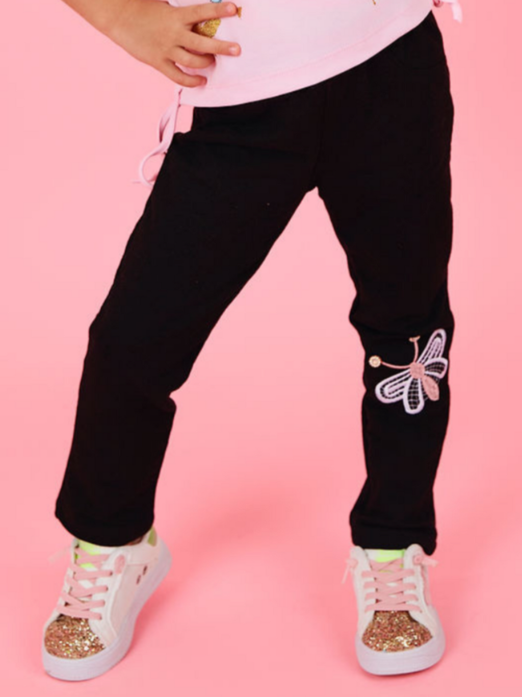 Butterfly Wings Artisan-Stitched Black Cotton Leggings
