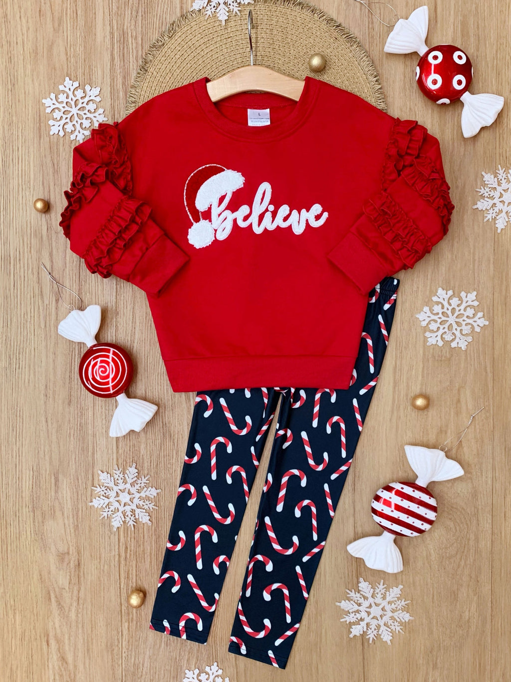 "Believe" Embroidered Christmas Top & Candy Cane Legging Set