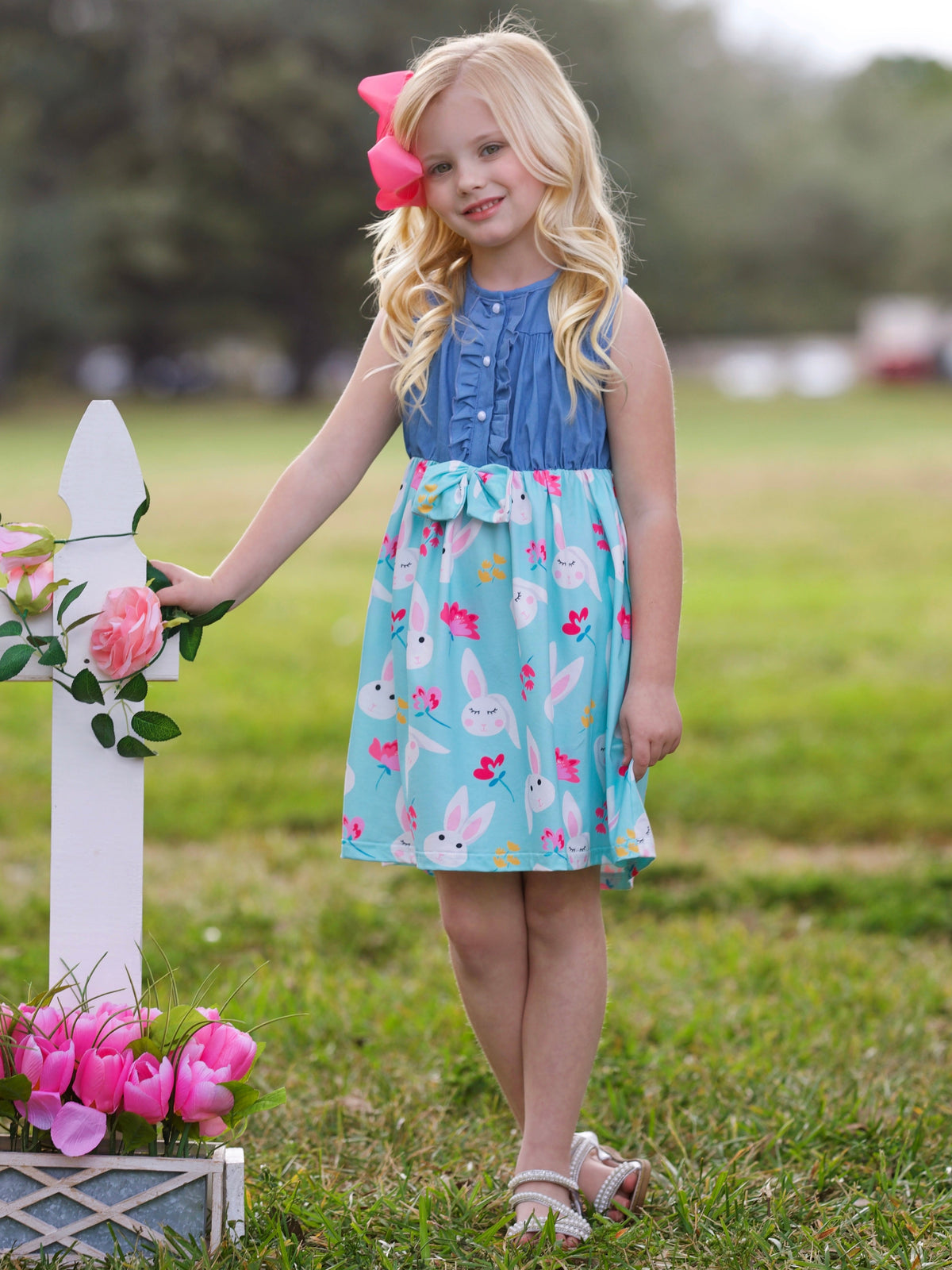 Bunny Bows Chambray Easter Dress