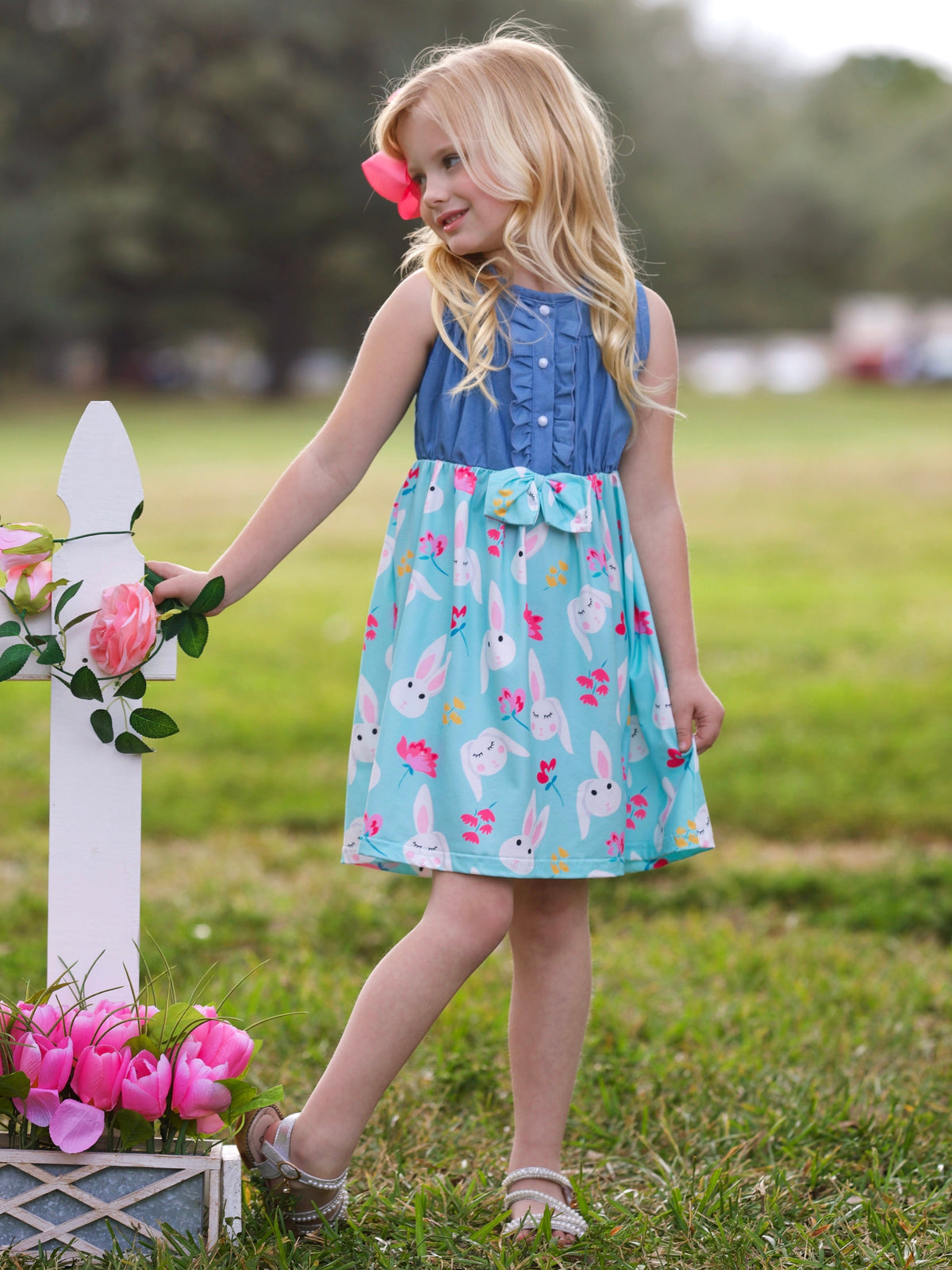 Bunny Bows Chambray Easter Dress