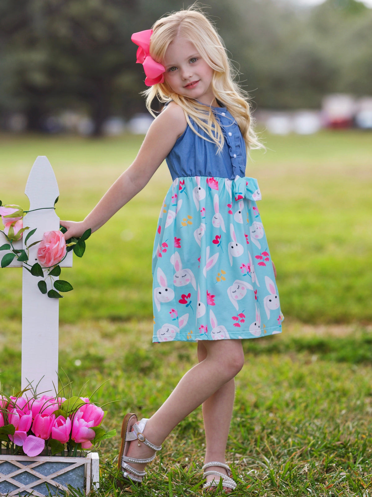 Bunny Bows Chambray Easter Dress