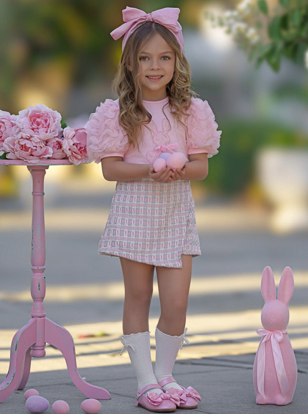 Bunny Puff Sleeve Top and Tweed Skort Easter Set