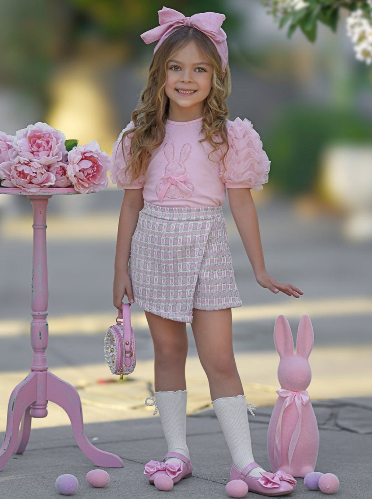 Bunny Puff Sleeve Top and Tweed Skort Easter Set