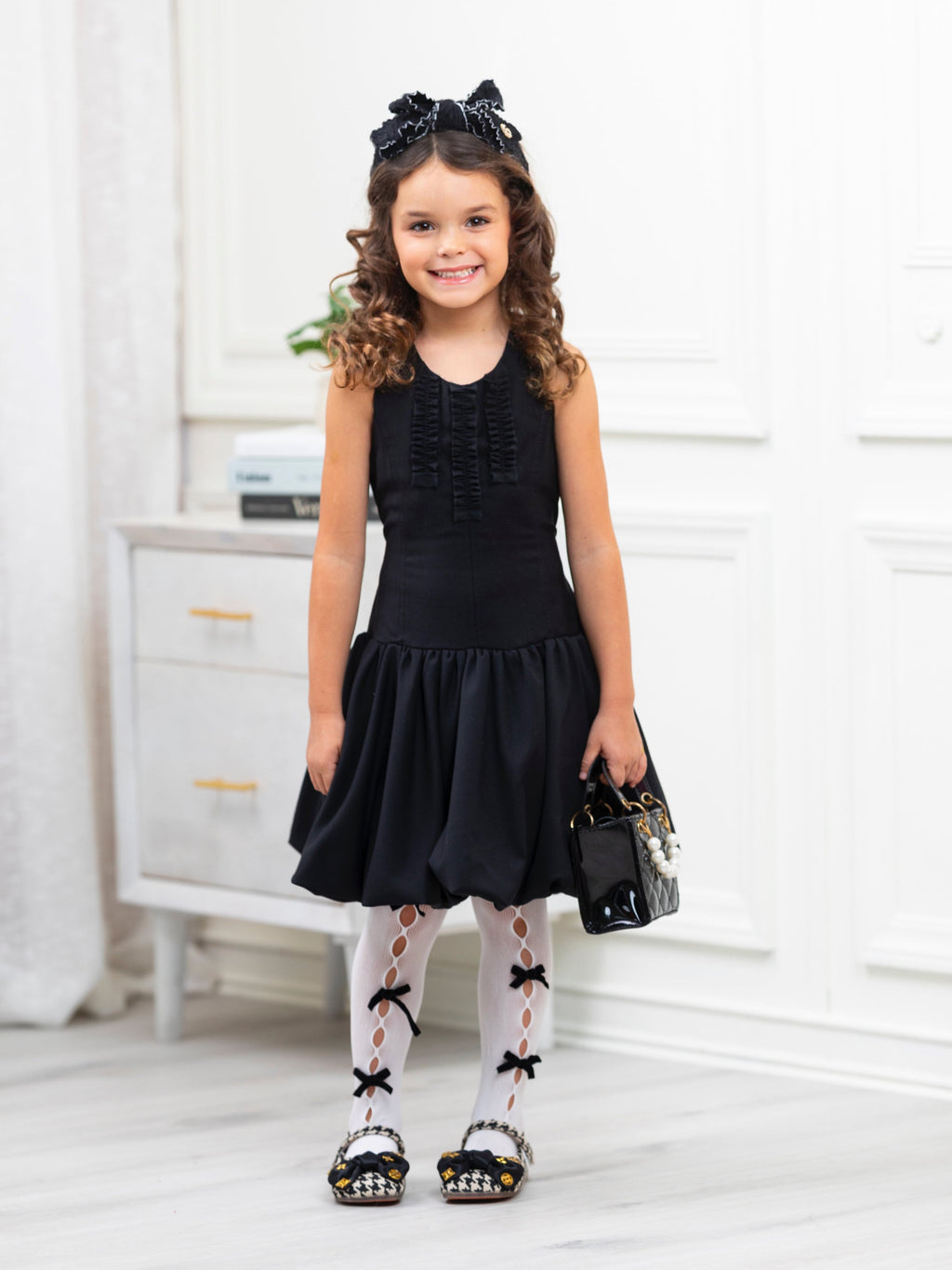 Black Sophisticated Sweetheart Ruffle Trim Dress by Kids Couture