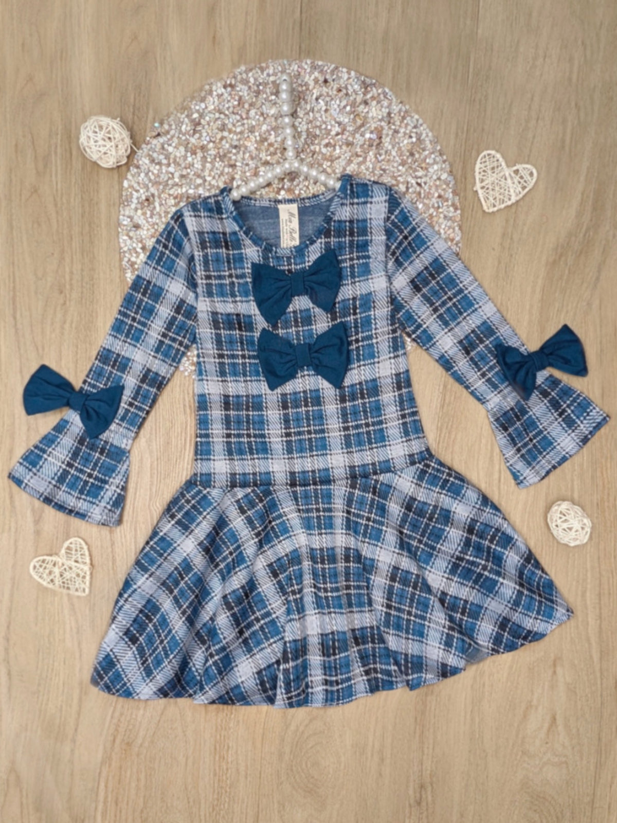 Bows & Blues Plaid Bell Sleeve Dress