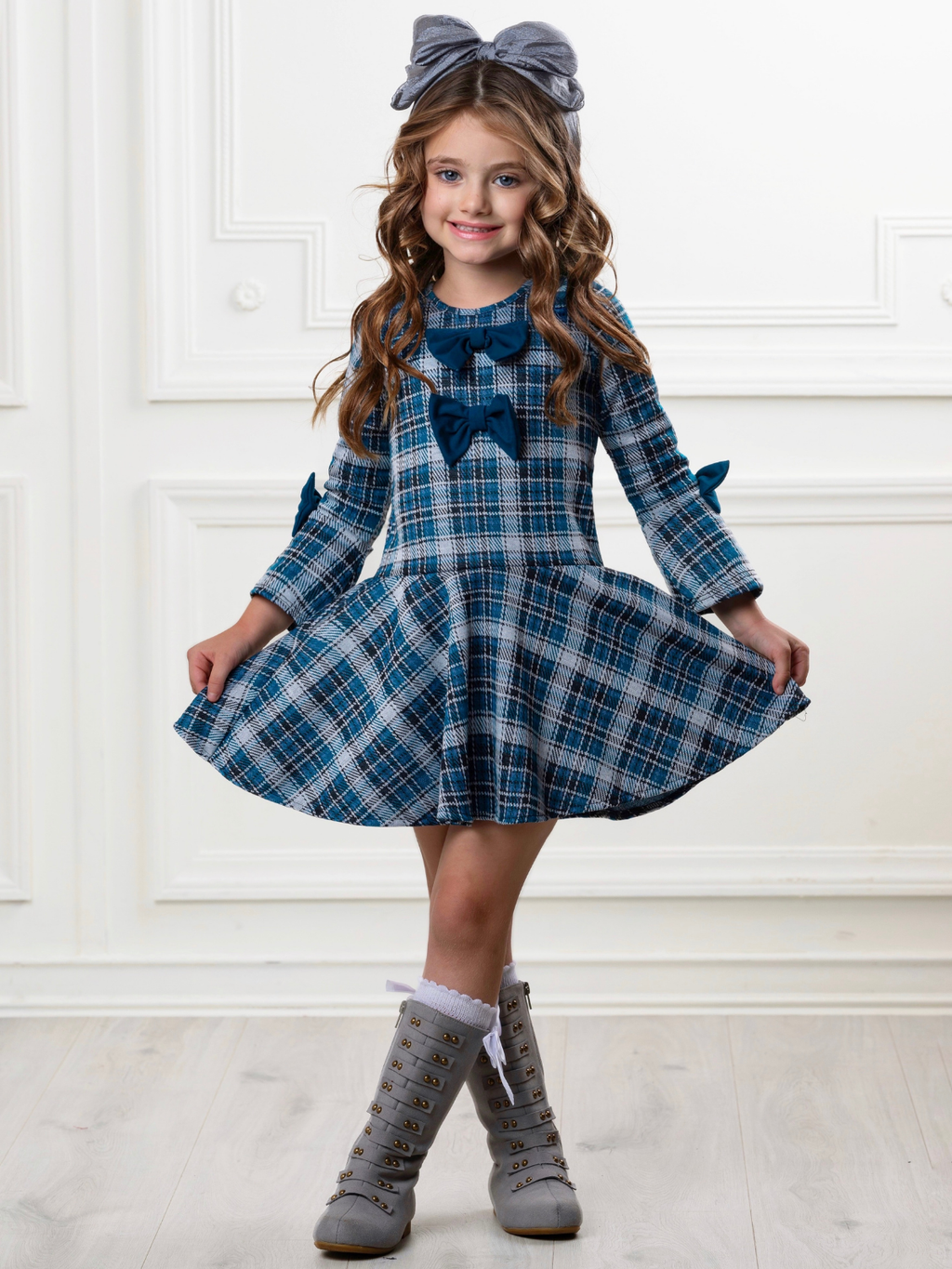 Bows & Blues Plaid Bell Sleeve Dress