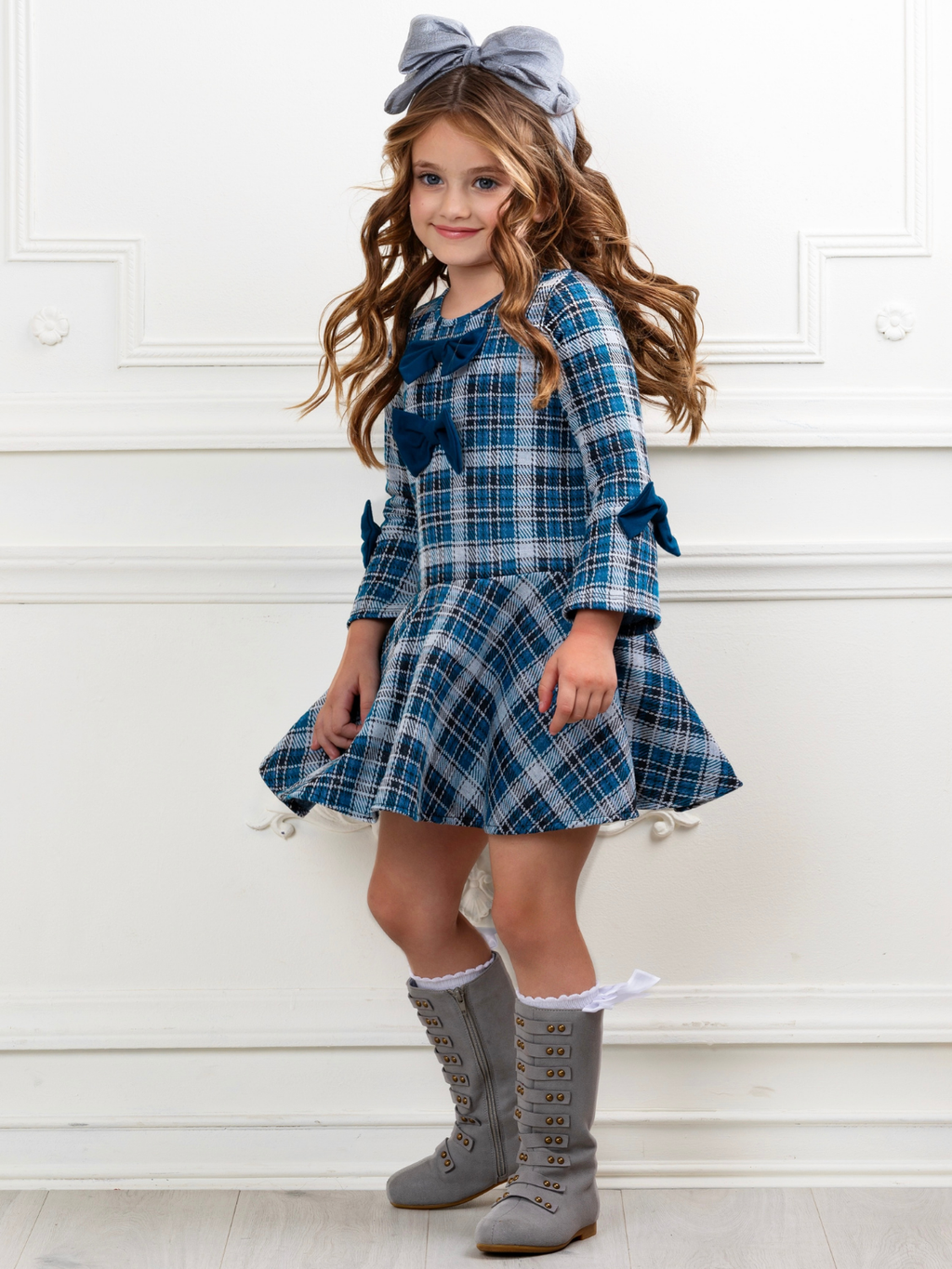 Bows & Blues Plaid Bell Sleeve Dress