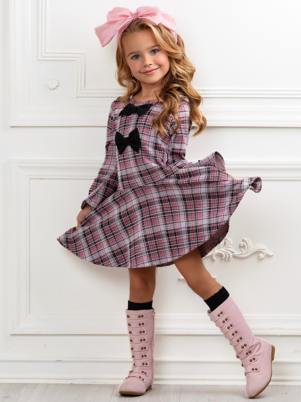 Blush Charm Bow Plaid Bell Sleeve Dress