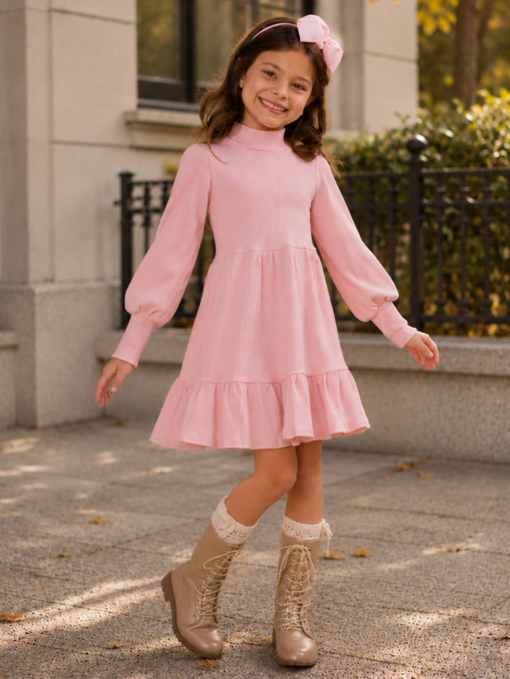 Autumn Blush Ribbed Long Sleeve Cotton Dress