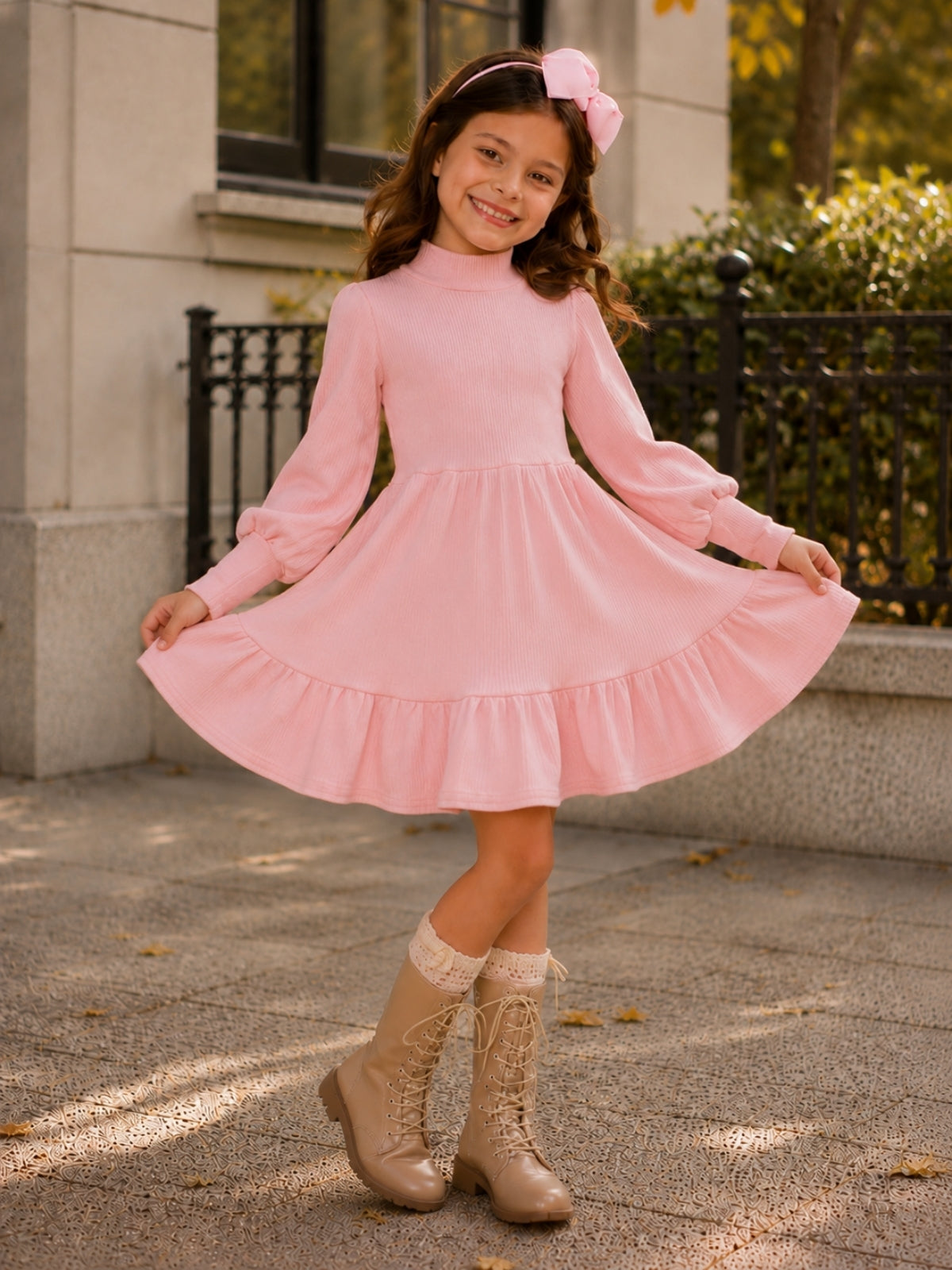 Autumn Blush Ribbed Long Sleeve Cotton Dress