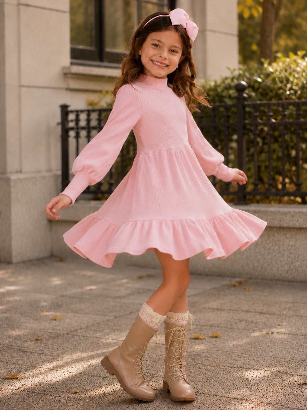 Autumn Blush Ribbed Long Sleeve Cotton Dress