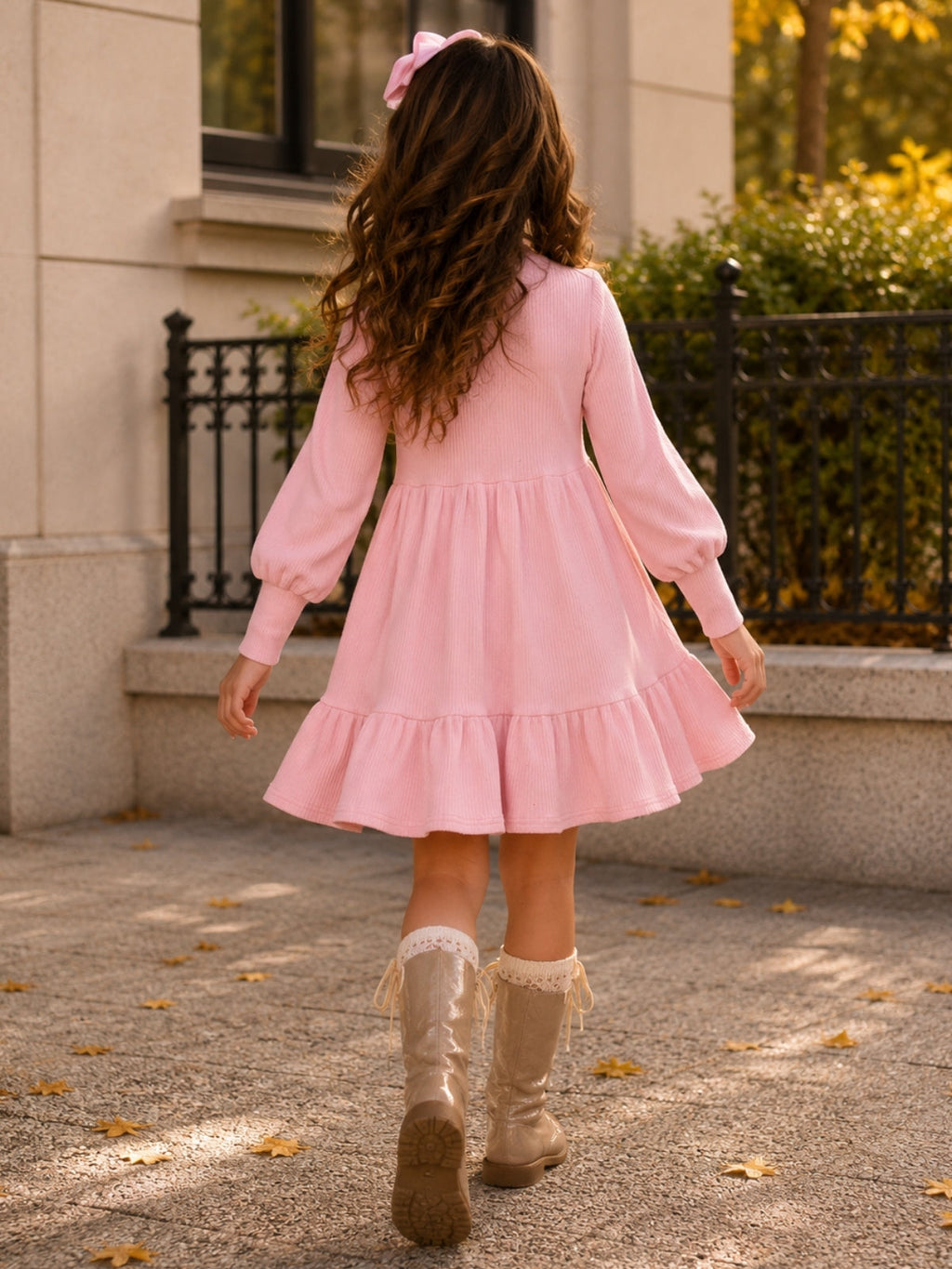 Autumn Blush Ribbed Long Sleeve Cotton Dress