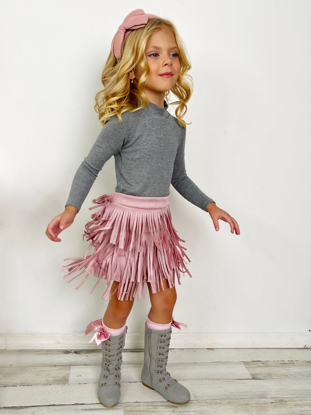 Boho Glam Pink Fringe Suede Shorts Set