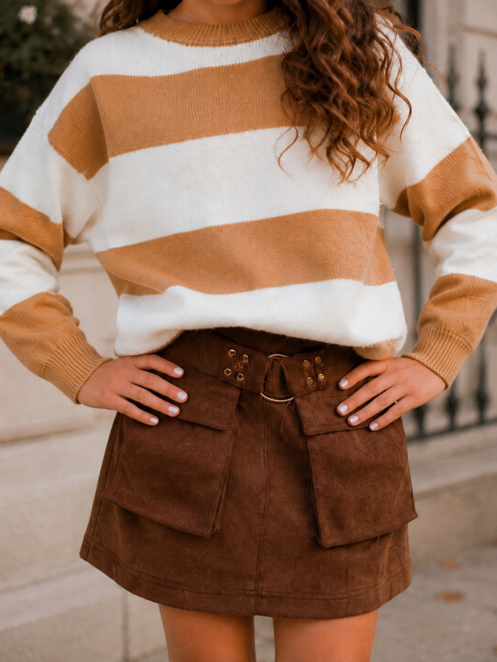 Camel Stripe Sweater & Faux Suede Utility Skirt Set
