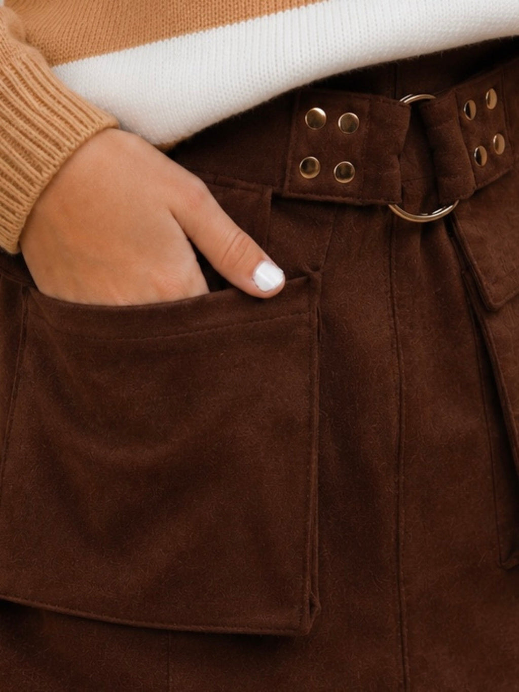 Camel Stripe Sweater & Faux Suede Utility Skirt Set