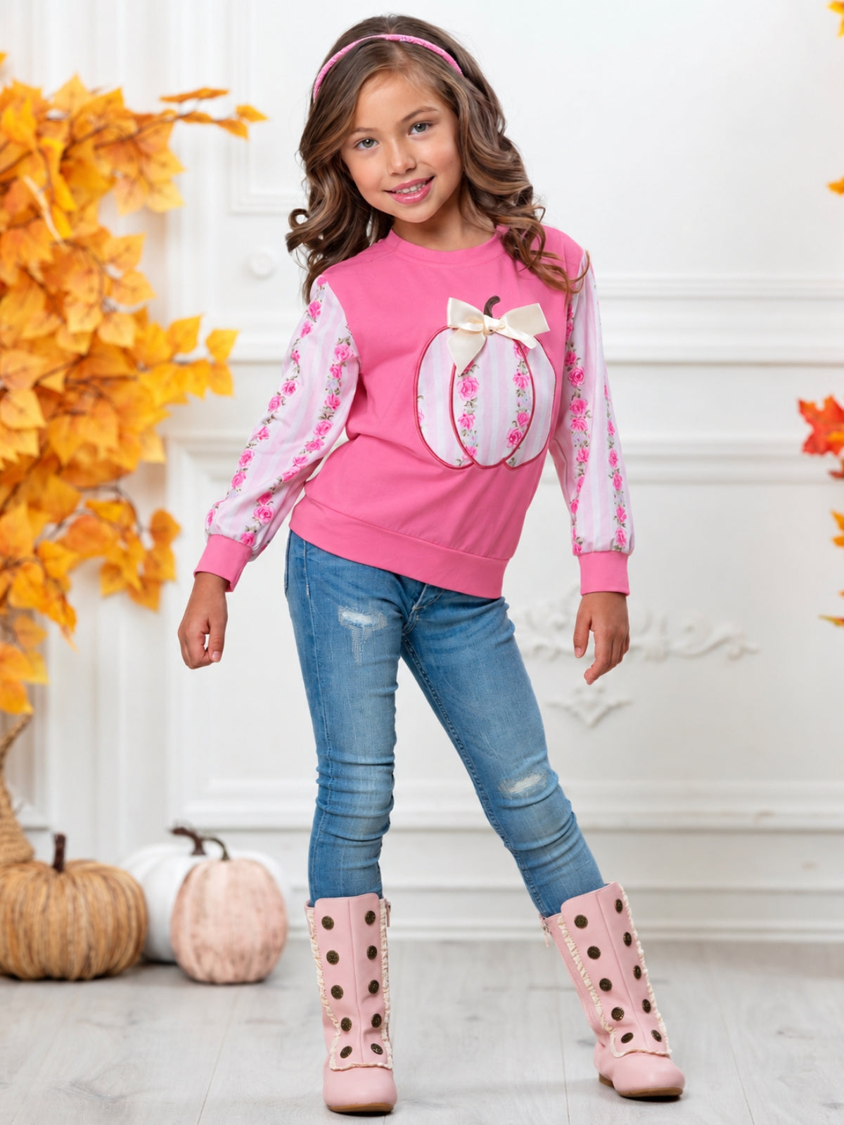 Blushing Pumpkin Floral Bow Cotton Top