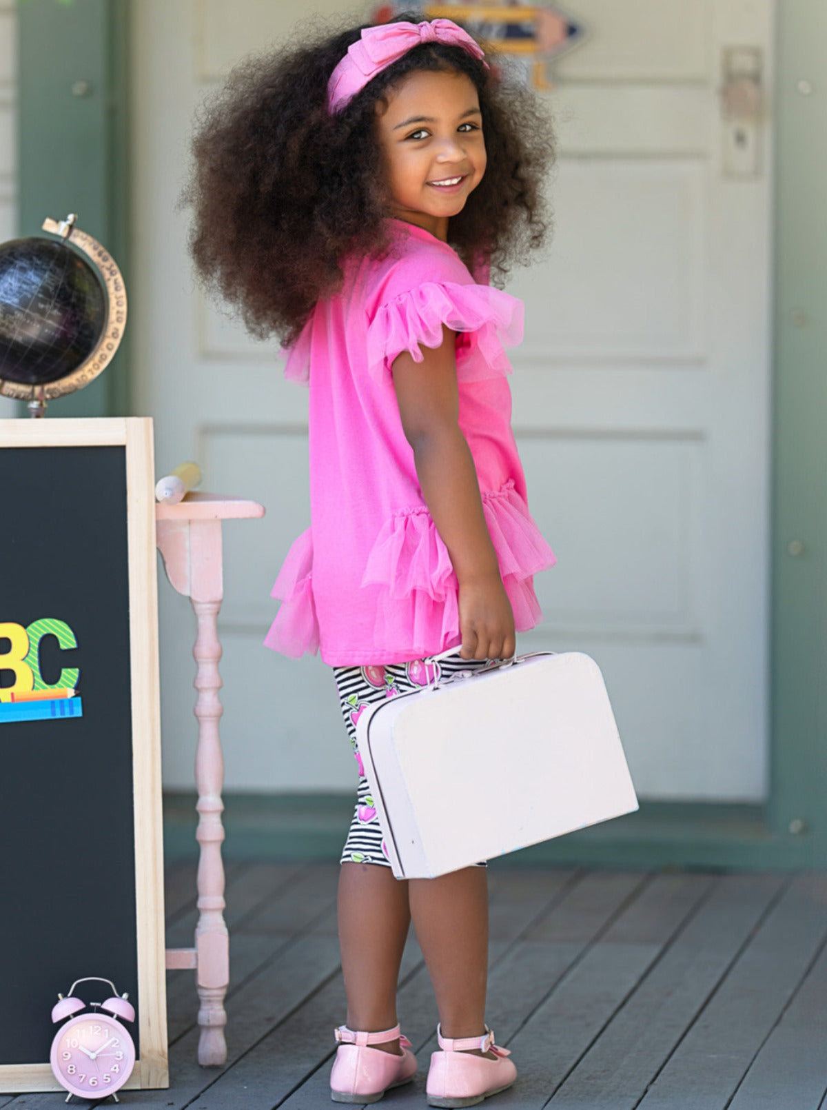 Apple Charm Ruffle Tunic and Striped Legging Set