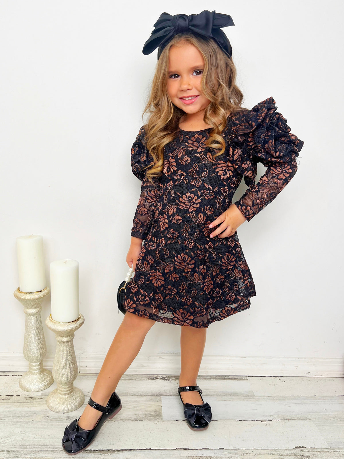 Autumn Blossom Rosette Sleeve Brown Floral Dress