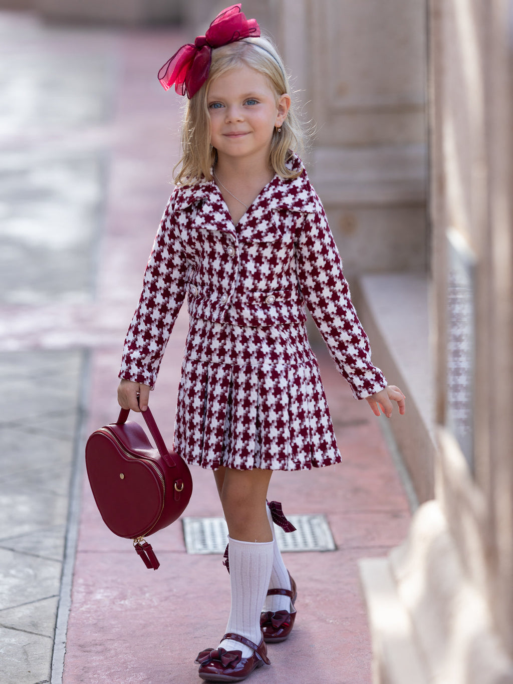 Burgundy Houndstooth Jacket and Pleated Skirt Set
