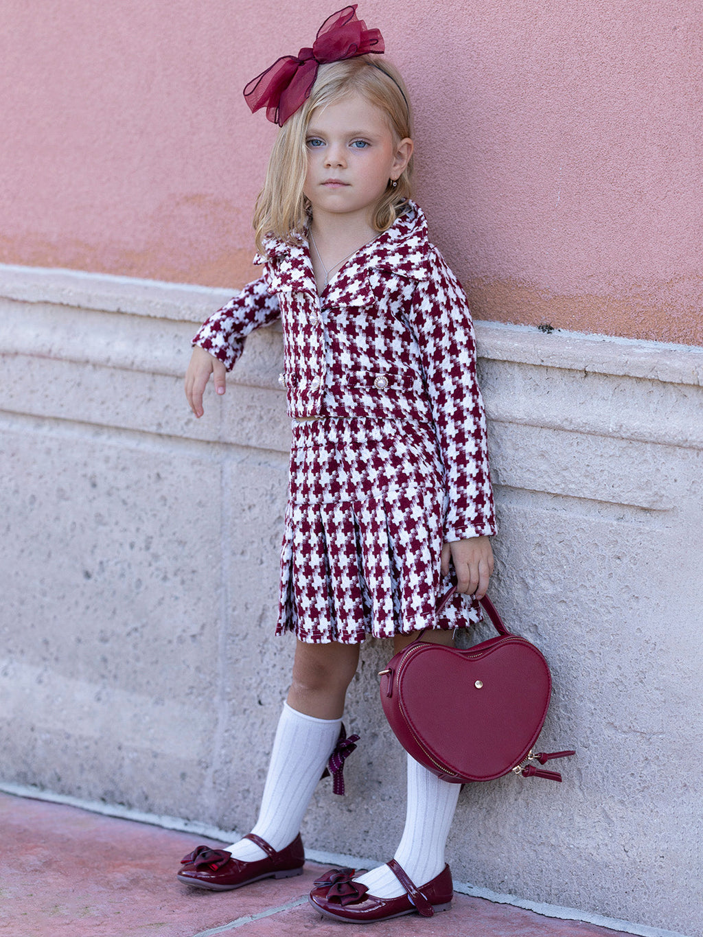 Burgundy Houndstooth Jacket and Pleated Skirt Set